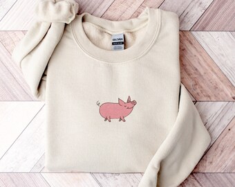 Embroidered Pig Sweatshirt: Farm Animal Crewneck - Pig Mama Gift