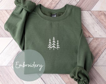 Pine Tree Embroidered Crewneck Sweatshirt Winter Sweater Christmas Embroidery Gift Hiking Shirt Vacation Sweatshirt Adventure Nature Shirt