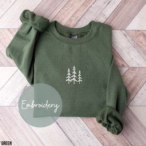 Pine Tree Embroidered Crewneck Sweatshirt Winter Sweater Christmas Embroidery Gift Hiking Shirt Vacation Sweatshirt Adventure Nature Shirt
