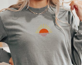 Embroidered Sun Sunset Comfort Colors Long Sleeve Shirt