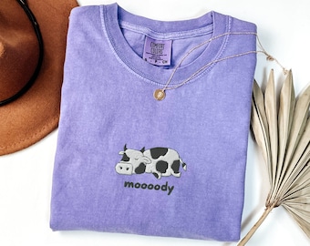 Mooooody Cow Embroidered Comfort Colors T-Shirt, Funny Cow Tee