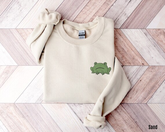 Embroidered Grumpy Frog Sweatshirt Frog Sweater Cottagecore Frog Embroidery Frog Shirt Frog Gifts for Her Embroidered Crewneck Sweatshirt