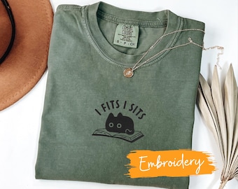 Embroidered Black Cat Bookish Shirt - Comfort Colors Cat Lover Tee