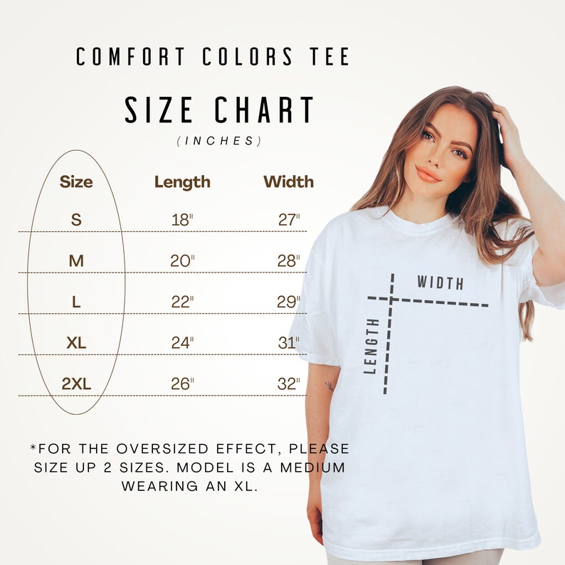 K&ouml;nnte beinhalten: Gr&ouml;&szlig;entabelle f&uuml;r ein T-Shirt in den Gr&ouml;&szlig;en S, M, L, XL und 2XL. Die Tabelle zeigt die L&auml;nge und Breite jeder Gr&ouml;&szlig;e in Zoll an. Der Text lautet "Comfort Colors Tee" und "Size Chart (Inches)".
