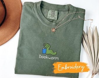 Embroidered Bookworm Comfort Colors Tee: Book Lover Gift
