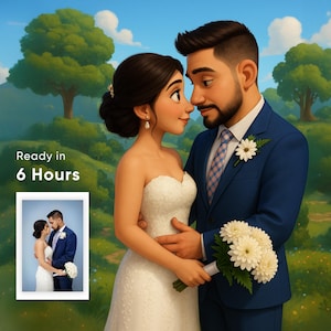 Custom Pixar Style Portrait from Your Photo, Personalized Cartoon Couple, Family, Pet or Wedding Gift Drawing