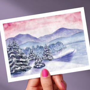 Christmas card with winter landscape greeting card with mountains for Christmas and for New Year - pack of 10