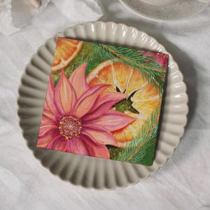 Festive Flower Card with Oranges Warm Colourful Flowered Postcard, Christmas greeting card or dinner table note - pack of 10