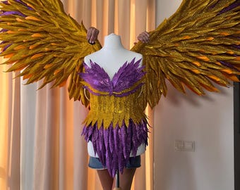 Gouden opvouwbare vleugels – sprankelende kostuumvleugels voor cosplay, Halloween, dans, fotoshoot, festival, toneelvoorstelling
