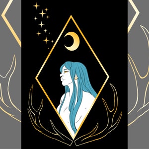 Lunar Deer Goddess Gold Foil Art Print (5x7, A4) Witchy Artemis Diana Geometric Artwork