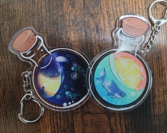 Bottled Ocean Lemonade with Shark or Jellyfish 3" Two-Sided Acrylic Keychain Charm Cute Summer Ocean