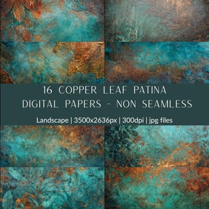 Pode incluir: Uma coleção de 16 papéis digitais com um design de pátina de folha de cobre. Os papéis apresentam uma mistura de cores verde-azulado, castanho e dourado, com uma textura não contínua. O texto na imagem diz "16 COPPER LEAF PATINA DIGITAL PAPERS - NON SEAMLESS".