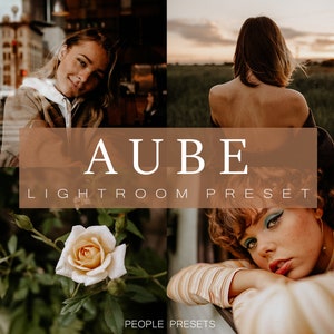 Peut inclure: Un produit numérique pour l'édition de photos, appelé "Aube Lightroom Preset", avec un collage d'images montrant les effets du preset sur différentes photos.