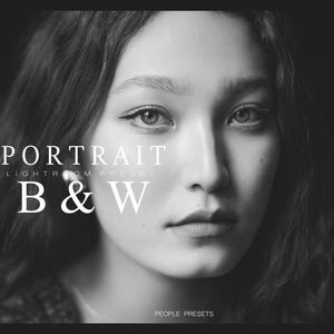 Puede incluir: Foto de retrato en blanco y negro de una mujer con el texto "PORTRAIT LIGHTROOM PRESET B&W PEOPLE PRESETS" superpuesto en la imagen.