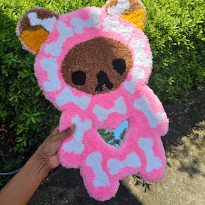 Tufted Mirror Rug Halloween Decoration Pink Cute Kawaii Bear Skeleton
