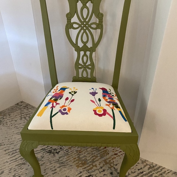 Up-cycled accent wood Chippendale style chair Mexican embroidery.