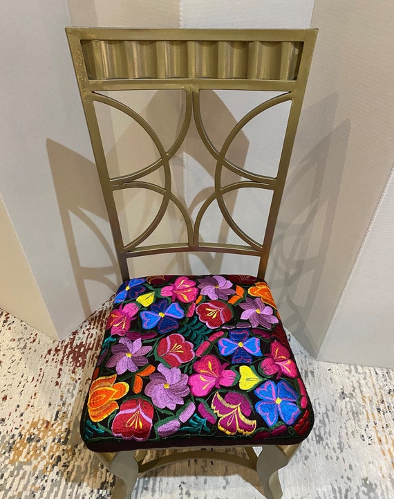 Accent dining chairs upcycled metal Mexican embroidery