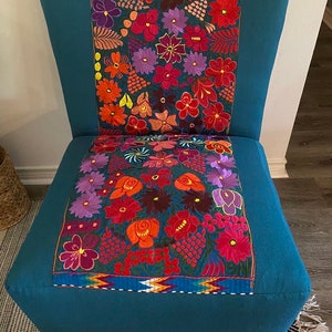 Upcycled bohemian eclectic accent chair re-upholstered with authentic Mexican embroidery