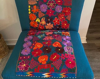 Upcycled bohemian eclectic accent chair re-upholstered with authentic Mexican embroidery