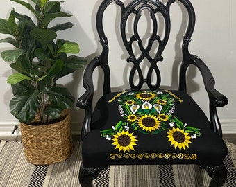 Schwarzer Antiker Chippendale Neu bezogener Sunflower Chair