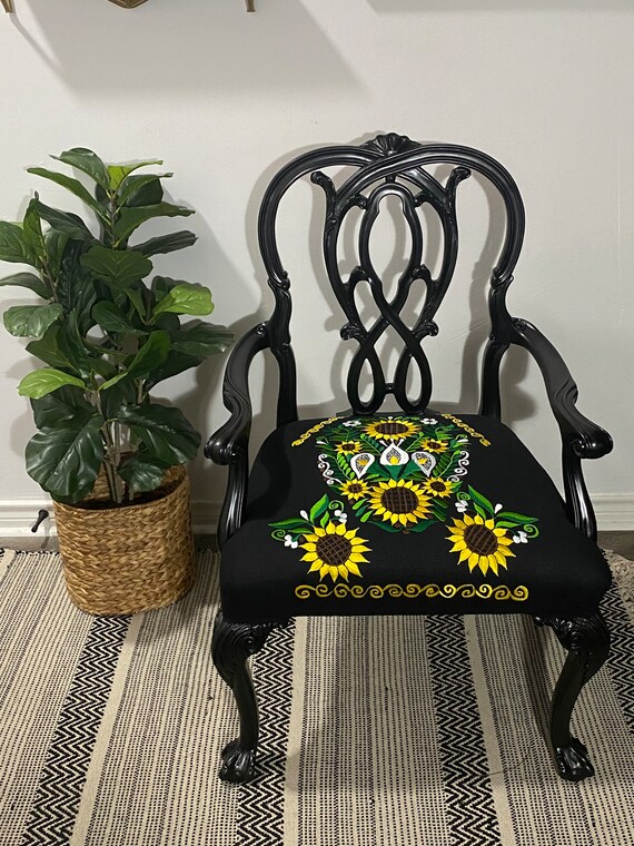 Black Antique Chippendale Reupholstered Sunflower Chair