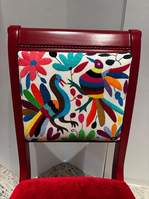 Upcycled chair solid wood bright color Tenango embroidered velvet seat