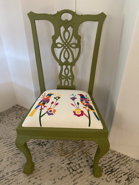Up-cycled accent wood Chippendale style chair Mexican embroidery.