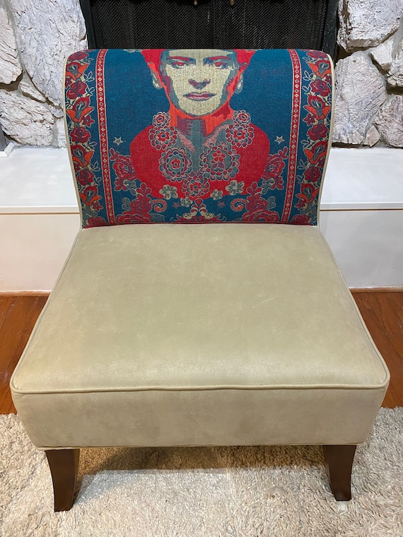 FRIDA KAHLO Upcycled bohemian eclectic accent chair re-upholstered with authentic Mexican embroidery