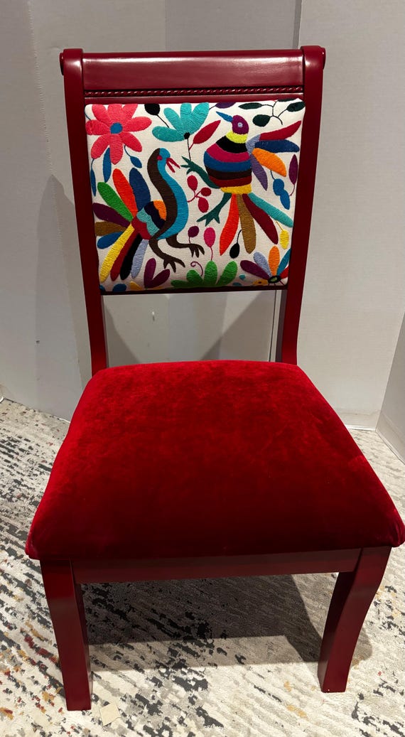 Upcycled chair solid wood bright color Tenango embroidered velvet seat