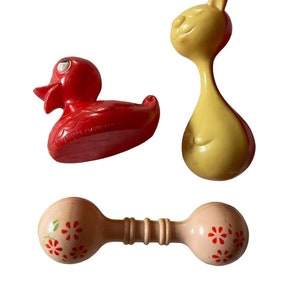 Hard Plastic Baby Rattles Vintage Mid Century Lot Of 3 Hand Held