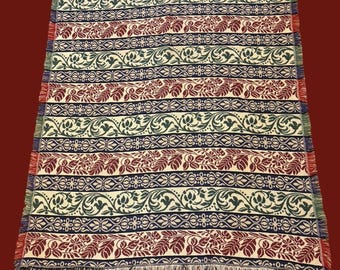 Afghan Throw Blanket Woven Cotton 90s Era Burgundy, Navy, Green 50x56