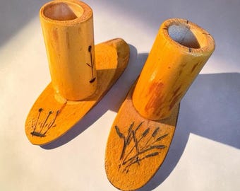Hand carved Wooden Candlestick Holders Or Toothpick Holders Wood Burned VTG