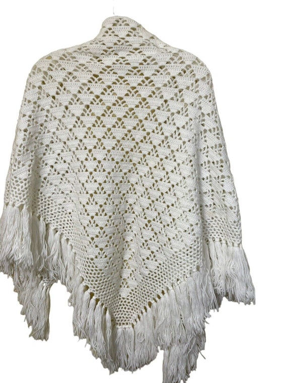 VTG Handmade Crocheted Shawl White Fringe Boho Co… - image 2