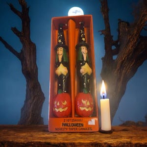 Vintage 90s Halloween Witch Jack O Lantern 10 Taper Candle Set Of 2 Not Used
