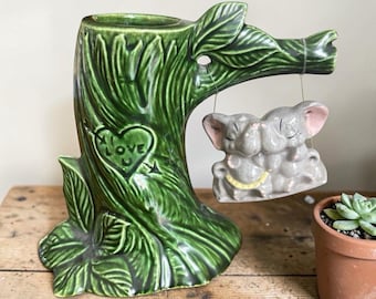 Majolica Style Planter Tree Trunk With Elephants On A Swing VTG 4.75 X4.75