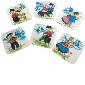 Cork Drink Coasters Vintage Dutch Holland Children Boy Girl  Windmill Set Of 6
