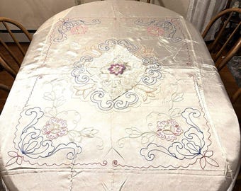 Satiny Embroidered And Smocked Bed Cover Or Table Cover Handmade Vintage 86x68