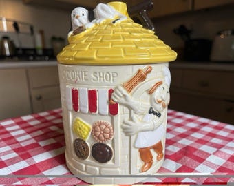 Barattolo per biscotti vintage con cucciolo in cima, 9,5 x 7 cm, in ceramica, stile kitsch