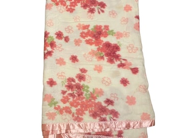 VTG Blanket 76x82 Pink And White Floral With Satin Edge Cottage Core
