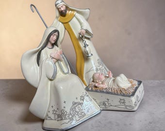 Belén de Navidad de Hawthorne Village Silver Blessings con Jesús, María y José (2004 VTG)