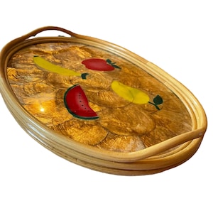 VTG Capiz Shell and Bamboo serving tray with reverse painted fruit design.