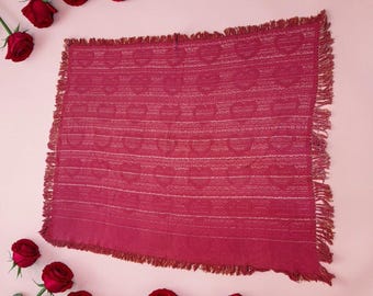 Brick Red Afghan Throw 64x50 Woven Cotton Heart Pattern VTG