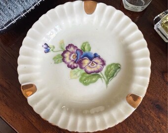 Porcelain Floral Ashtray With Purple Pansies Gold Gilding Vintage Japan