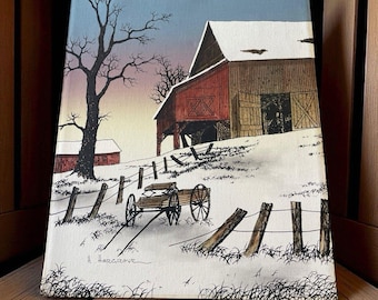 VTG H Hargrove Sérigraphie Grange couverte de neige sur toile 16 x 12 signé