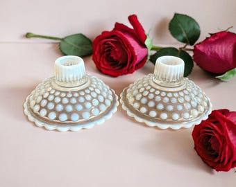 Opalescent Moonstone Hobnail Glass Candlestick Holders Set Of 2 Mid Century VTG