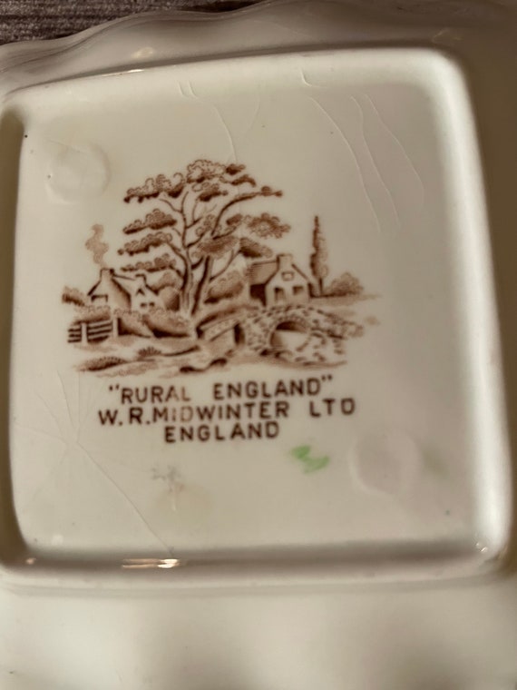 未使用 ビンテージ Midwinter COUNTRYSIDE リム付きプレート Rural England W.R. Midwinter LTD Trinket Dish 5 1/2” Square