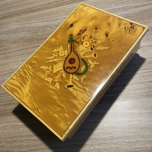 Wood Inlay Music Box Made In Italy With Red Velvet Liner Hinged Lid Works Well