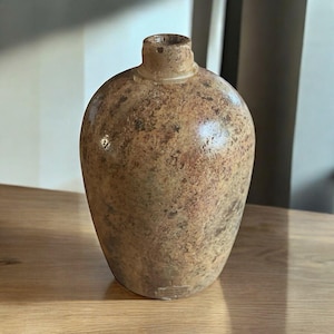 May include: A brown, speckled ceramic vase with a rounded body and a narrow neck. The vase has a textured surface and a rustic appearance, suggesting it may be handmade. The color palette includes shades of brown and tan.