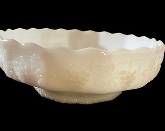 MCM Anchor Hocking Fire King pedestal bowl milk glass grape pattern