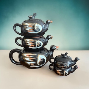 Juego de té apilable de patos de cerámica roja Royal Sealy Japan de 7 piezas, vintage